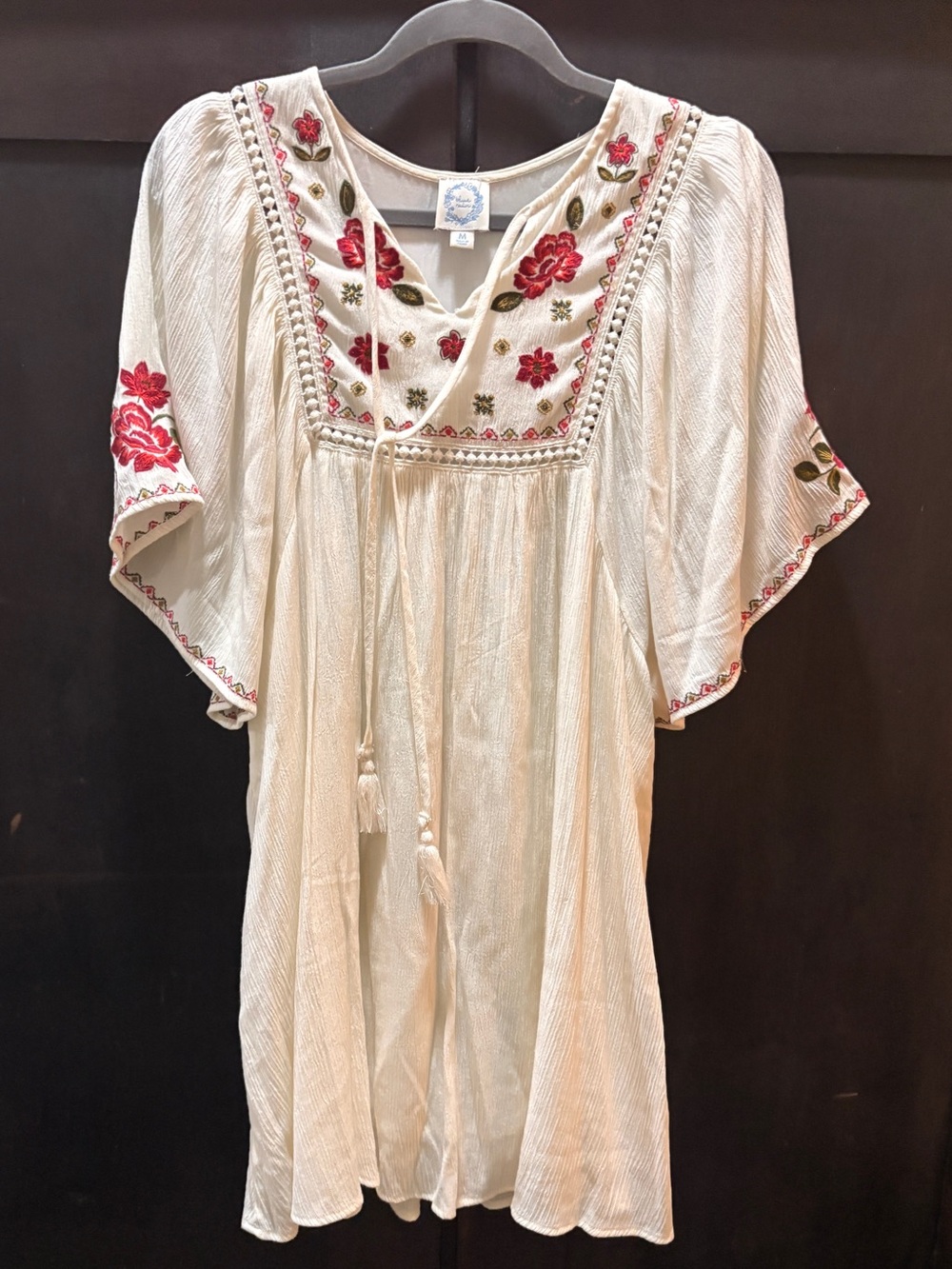 Blue Rain Off White Embroidered Boho Peasant Dress